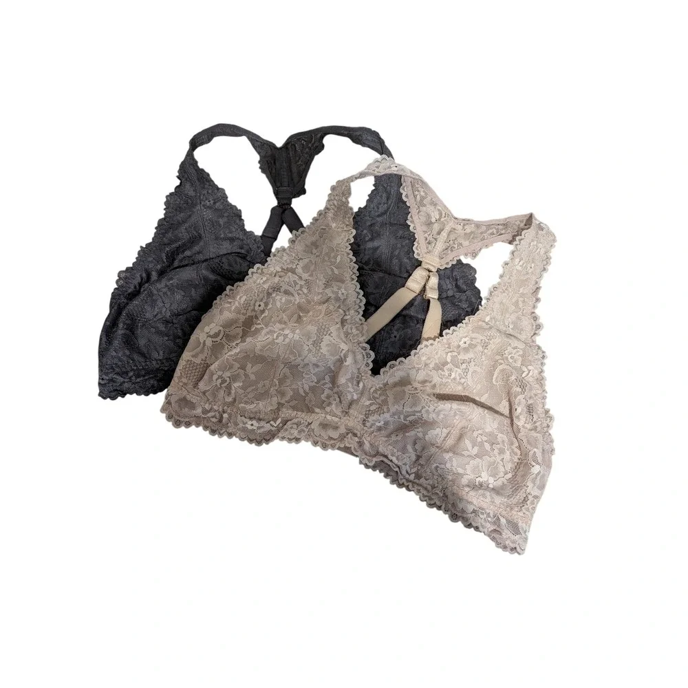 Savage X Fenty Lace Bralette 2 Pack Womens 3X Grey Beige Racerback Floral